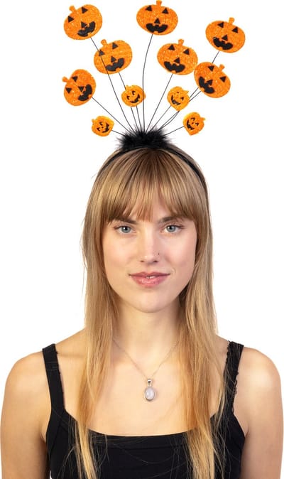KIMU® Haarband Beertje Pompoen Oranje - Zwart Dons Diadeem Halloween - Glitter Pumpkin Pompoentjes Pompoenen Oktober Herfst Heks Optocht Smiley Festival