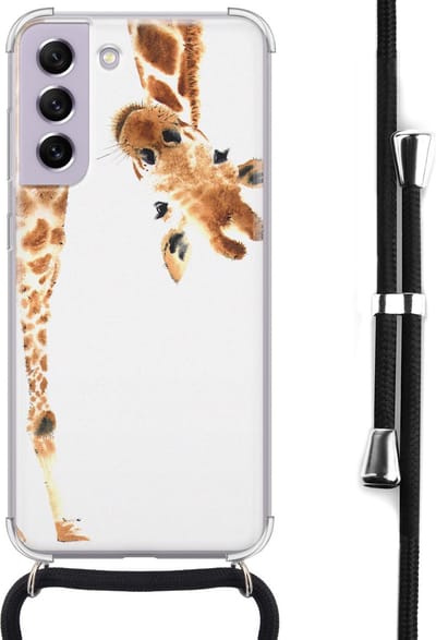Hoesje met koord - Geschikt voor Samsung Galaxy S21 FE - Giraffe - Verstelbaar zwart koord - Crossbody - Giraffe - Bruin, Transparant - Leuke Telefoonhoesjes