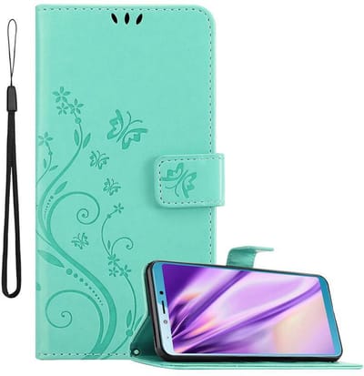 Cadorabo Hoesje geschikt voor Samsung Galaxy A6s in BLOEMEN TURKOOIS - Beschermhoes in bloemmotief met magnetische sluiting, standfunctie en kaartsleuven Book Case Cover Etui