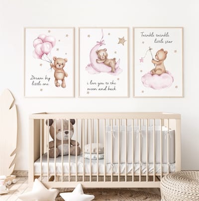 Babykamer posters set 3 stuks (zonder frame) - 40x50 cm Kinderkamer decoratie - Teddy beer met ballon sterren - Kinder poster - Roze
