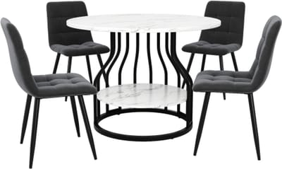 5-Delige Eettafelset, Ronde Eettafelset, Zitgroep, Keukenmeubilair – De tafel meet 80x80x76 cm, Inclusief 4 Stoelen, Ondersteunt opslag, Metalen Tafelpoten - Grijze Eetkamerstoel, Zwart Tafelpoten