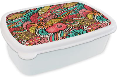Broodtrommel Wit - Lunchbox - Brooddoos - Bohemian - Patronen - Bloemen - 18x12x6 cm - Volwassenen