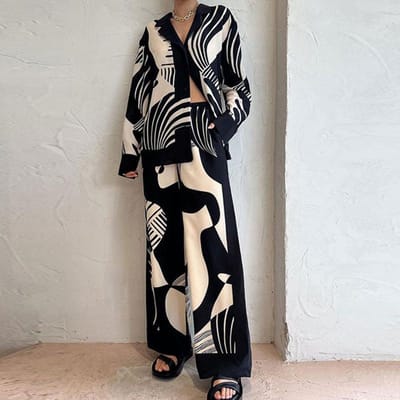 Dames Lente Nieuwe Mode Mode Print Set Lange Cardigan Rechte Broek Tweedelige Set 3XL gray