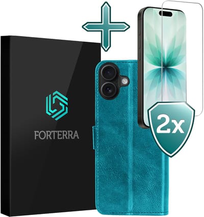 Hoesje Met 2x Screenprotector - Geschikt voor Apple iPhone 17 - Luxe Pasjeshouder - Flip Case - Bookcase Portemonee - Kunstleer Book Case - Flipcase Hoes - Book Cover - Walletcase - Portemonneehoes - Turquoise