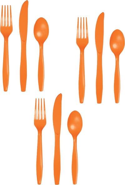 Creative Converting Feest bestek setje - 24 personen - herbruikbaar kunststof - oranje - messen/vorken/lepels