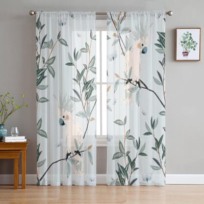 Witte Papegaaien Groene Takken Transparant Gordijn Voor Woonkamer Slaapkamer Voile Gordijnen Voor Raam Organza Gordijnen Feest Tule Draperieën 135W x 114H(cm) white