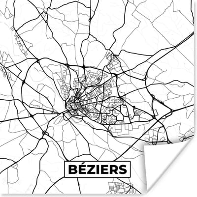 Poster Frankrijk - Béziers - Plattegrond - Stadskaart - Kaart - Zwart wit - 100x100 cm XXL