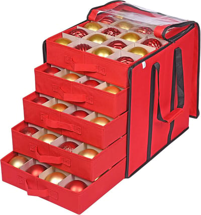 Kerstornament Opbergdozen - Ornamentenhouder Vakantiedecoratie - Decoratie Opslag - Met Verdelers - 5 Trays 100 Ornamenten - Rood