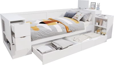 Kinderbed - slaapbank - 90 x 200 cm - eenpersoonsbed met lades - planken en opbergkasten - met nachtkastje - zonder matras - wit