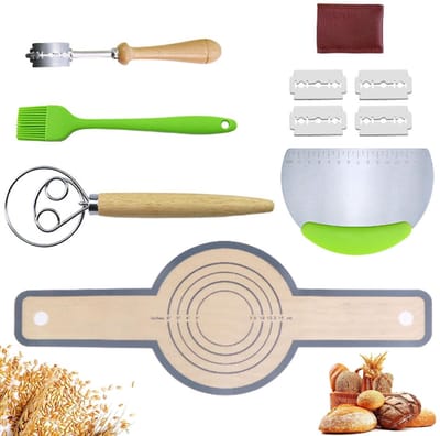 Dailygoods- Broodbakaccessoireset 10-delig - Bakkersmes - Deense Garde - Bakmat - Deegmes - Broodmessen - Hoogwaardig roestvrij staal - Broodbakset
