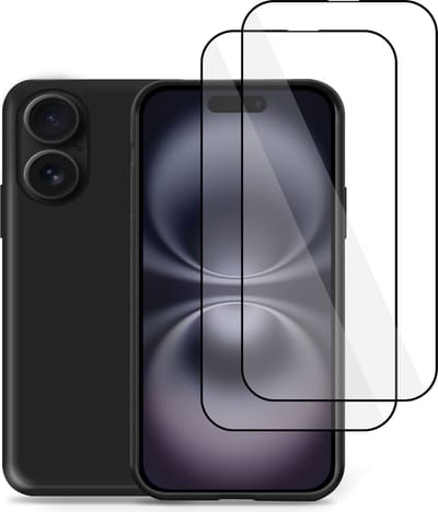 Hoesje + 2x Screenprotector geschikt voor Apple iPhone 16 – Full Screen Tempered Glass - Liquid Back Case Cover Zwart