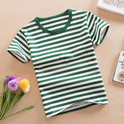 Kinderkleding T-shirt Zomer Nieuw Kinder T-shirt met Korte Mouwen Stretch Katoen Gestreept Topje Ronde Hals Basis Shirt 115cm