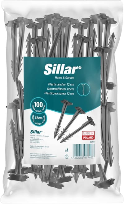 Sillar, grondankers, 12 cm, voor geotextiel, gaas, folie, UV-bestendig, stabiel en duurzaam, PP-kunststof, sterke tuinankers voor het bevestigen van tuinslangen, geotextiel, 100 stuks