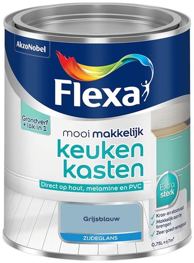 Flexa - Mooi Makkelijk Keukenkasten Zijdeglans - Grijsblauw - Mengverf - 750 Ml