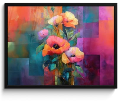 Poster in lijst - Fotolijst 70x50 cm - Posters - Geometrische kleurvlaken - Modern - Fantasiebloemen - Posterlijst zwart - Decoratie - Wanddecoratie woonkamer - Muurdecoratie slaapkamer