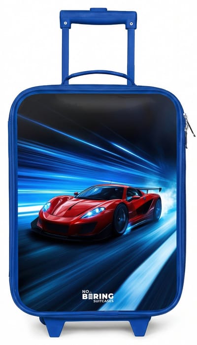 NoBoringSuitcases.com® - Kinderkoffer blauw - Kindertrolley jongen - Rode racewagen in digitale snelheidswereld - Koffer kind lichtgewicht - Reiskoffer trolley voor kinderen - Koffertje met lichtgevende wieltjes - Rolkoffer