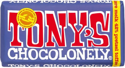 Tony's Chocolonely Donkere melkchocolade pretzel-toffee, FT 3 wikkels x 180 gram