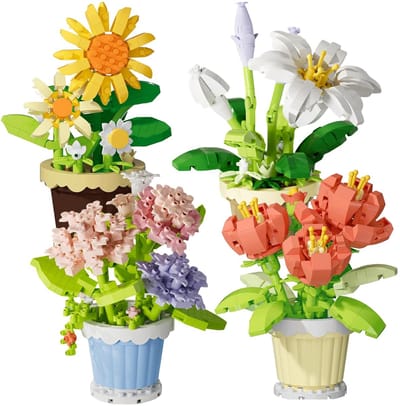 Dailygoods - chenyu Mini bloembouwstenen, set van 4 simulatieboeketten, bloem, botanische pot, plant, bloesem, bonsai, bouwstenen, planten, deeltjesbloemen, botanisch speelgoed voor huisdecoratie