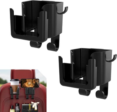 2-Pack Bekerhouders voor Hoofdsteunen Achterbank — 3-in-1 Multifunctionele Organizer & Ophangtas voor Hoofdsteunen — Ruime Ophangoplossing — Geschikt voor Telefoons, Bekers en Tassen — Universele Pasvorm voor de Meeste Automodellen — Zwart