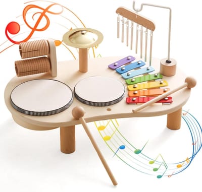 Houten Muziekinstrumenten - Kinder Drumset - Muziek Leren - Montessori Educatief - 23 x 24 x 39 cm - Natuurlijk Hout
