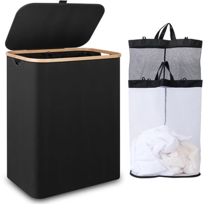 Mand met deksel,150 liter, dubbele wasmand met uitneembare en wasbare binnenzakken, 2 compartimenten, opvouwbare wasmand voor vieze kleding, speelgoed, handdoeken, opslag (zwart)