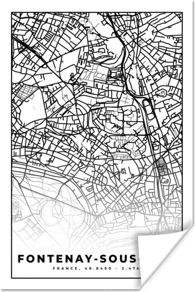 Poster Frankrijk - Plattegrond - Fontenay-sous-Bois - Stadskaart - Kaart - Zwart wit - 120x180 cm XXL