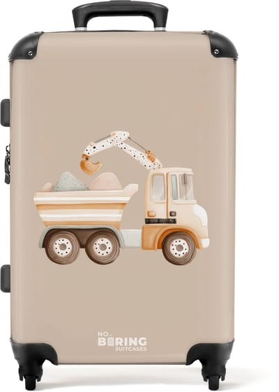 NoBoringSuitcases.com® - Kinderkoffer jongen - Kindertrolley jongens - Gele kiepwagen in neutrale kleuren - Koffer kind groot - Rolkoffer lichtgewicht - Reiskoffer met 4 wielen - Grote trolley XL - 20 kg bagage
