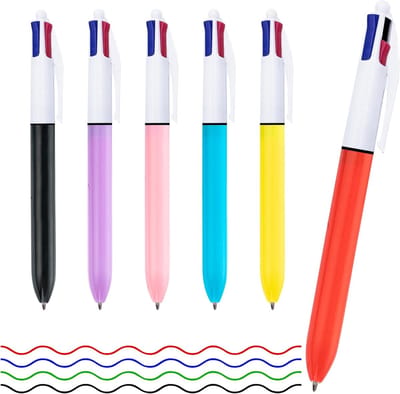 Set van 6-kleurige balpennen, 4-in-1 multicolor pen, 1 mm terugtrekbare balpen voor kantoor, studie en als cadeau voor kinderen en studenten.