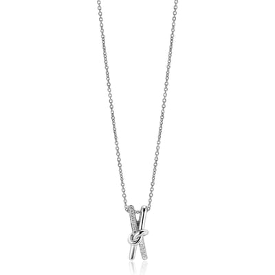 45cm ZINZI zilveren ketting met cross-over hanger 19mm met knoop, bezet met witte zirconia's ZIC2505