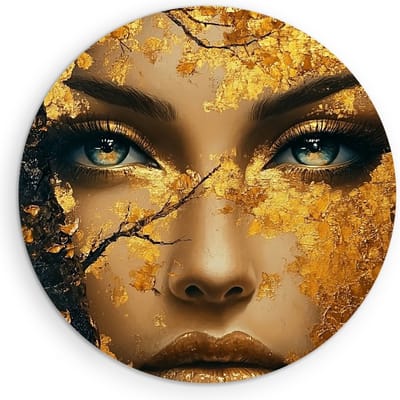 Saammp - Muurcirkel Hout - Vrouw met bladeren als gezicht - Abstract - Ø 90 - Wandcirkel - Wanddecoratie Cirkel - Muurdecoratie Woonkamer - Slaapkamer decoratie - Rond Schilderij