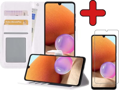 Hoesje - Met Screenprotector - Geschikt voor Samsung Galaxy A32 5G - Luxe Pasjeshouder - Flipcase - Bookcase Portemonee - Flip Case - Kunstleer Book Case - Book Cover - Walletcase - Portemonneehoes - Telefoonhoes - Wit