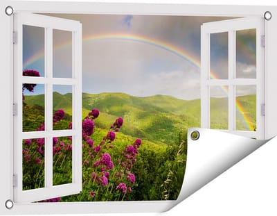 Gards Tuinposter Doorkijk Regenboog in de Heuvel Bossen - 60x40 cm - Tuindoek - Tuindecoratie - Wanddecoratie buiten - Tuinschilderij