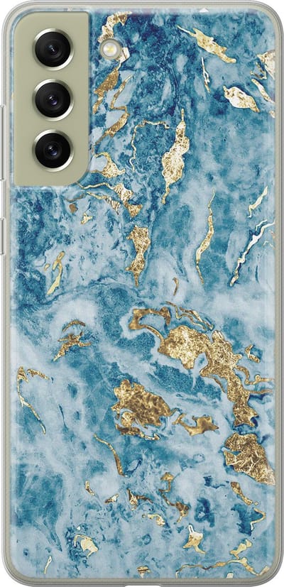 Leuke Telefoonhoesjes - Hoesje geschikt voor Samsung Galaxy S21 FE - Goud blauw marmer - Soft case - TPU - Marmer - Blauw