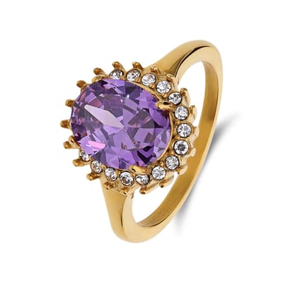 Lucardi Dames Stalen goldplated vintage ring met paars zirkonia - Ring - Staal - Goudkleurig - 15 / 47 mm