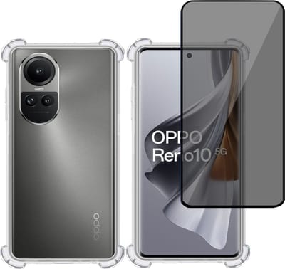 Hoesje + Privé Screenprotector geschikt voor OPPO Reno 10 / 10 Pro – Privacy Tempered Glass - Case Transparant