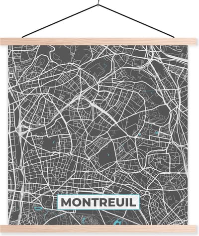 Posterhanger incl. Poster 40x40 cm - Schoolplaat - Montreuil - Frankrijk - Kaart - Plattegrond - Stadskaart - Textielposter - Blanke latten - Stadskaart