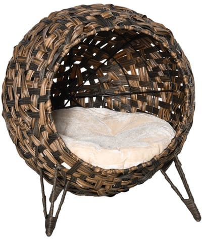 Rattan Kattenhuis - Ø52 x 58 cm - Met Kussen + Verhoogde Voeten - Bruin