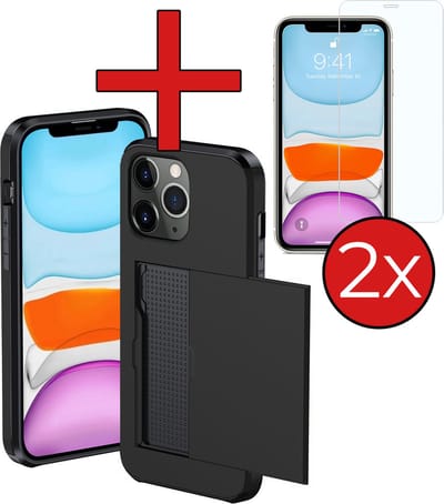 Hoesje Geschikt voor iPhone 11 Pro Hoesje Met Pasjeshouder Hard Case Met Kaarthouder Met 2x Screenprotector - Hoes Geschikt voor iPhone 11 Pro Hoesje Pashouder Case - Zwart