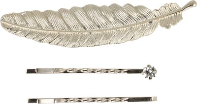 Haarsoires Haarspeld Duckklem & Schuifspeldjes 8cm – Veervorm en Steentje – Zilver – Set van 3 - Haarklem - Haarclip - Haaraccessoires voor Dames & Kinderen - Sterke Haarclip voor Styling & Dagelijks Gebruik - Hair Clip - Decoratieve Haaraccessoire