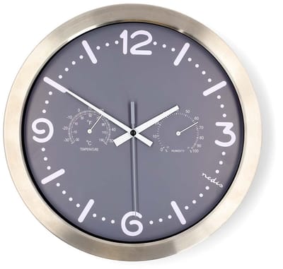 Nedis Wandklok - Diameter 30 cm - Stil Uurwerk - Thermometer - Hygrometer - Grijs