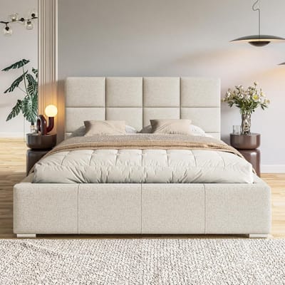 Gestoffeerd opbergbed 180x200 cm – HomeByNicole Luna Bed – Beige Structuurstof (Crème) – Met Hydraulische Opbergruimte & Bedlade – Inclusief Lattenbodem & Hoog Hoofdeinde – Modern Tweepersoons Bed zonder Matras – Houten Frame