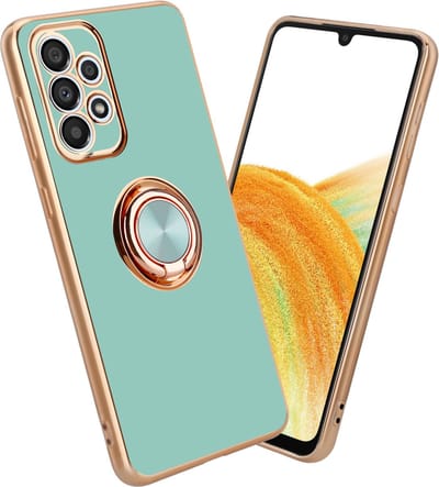 Cadorabo Hoesje geschikt voor Samsung Galaxy A33 5G in Glossy Turquoise - Goud met ring - Beschermhoes van flexibel TPU-silicone Case Cover met camerabescherming en magnetische autohouder