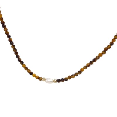 pat's jewels Ketting - Ketting Dames - Kralen Ketting - Tijgeroog - Bruin - Parel