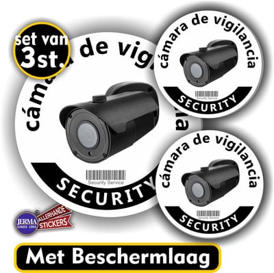 Jerma - Camera Toezicht - Spaans - Sticker - 3 st.- Ø 12 cm - Ø 7 cm - Weerbestendig - Zelfklevend