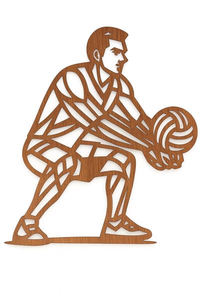Volleybal man geometrische line-art wanddecoratie – sport wandbord – middel 38×33,5 cm – populierenhout palisander hout kleur