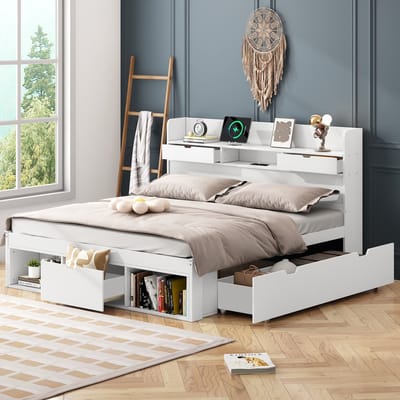 Tweepersoonsbed - 140x200 cm - met USB-poort - lade en kluisje - wieg - zonder matras - wit