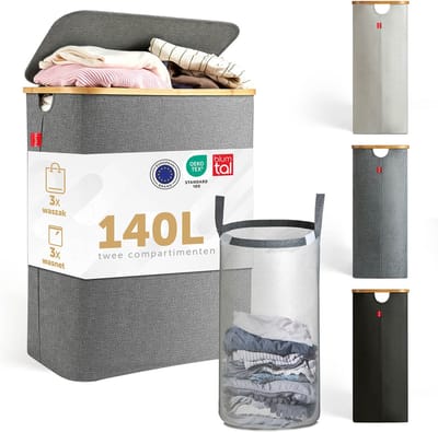 Blumtal Wasmand 140L - Wasmand met 2 uitneembare waszakkken - Wasmand met 2 vakken - Smalle wasmand - Flesverzamelaar - Wasmand met deksel - Grijs