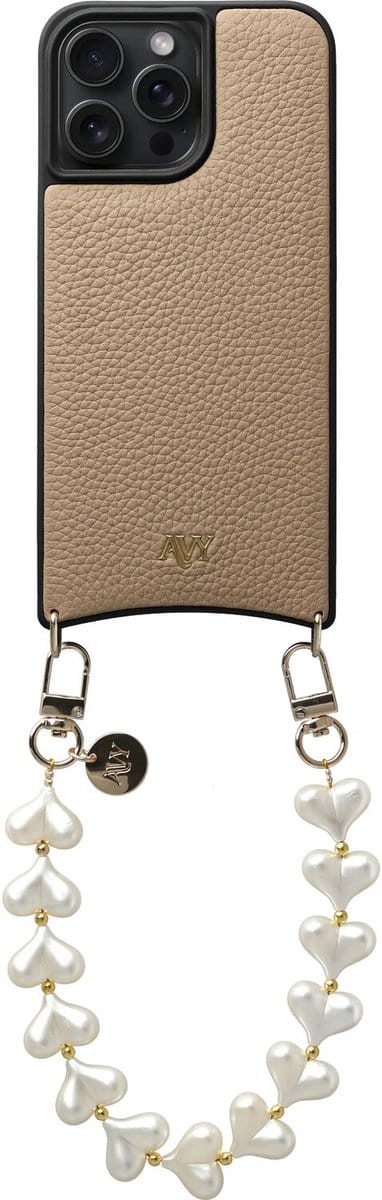 AVY Leren Hoesje Geschikt voor Apple iPhone 15 Pro Max | Compatibel met MagSafe | Leather Case met Telefoonkoord | Polsbandje | Beige | Cupid Pearl