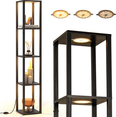 COSTWAY 162 cm staande lamp met planken, 4-traps displayplank met dimbare ledverlichting en voetschakelaar, hoekplank staande lamp vrijstaand voor slaapkamer, woonkamer en werkkamer [energieklasse F]