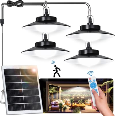 Solar Buitenlamp 1200 Lumen Met Bewegingssensor en Afstandsbediening - 5 Lichtmodi - IP65 Waterdicht Voor Schuur, Garage, Tuin - 180° Instelbaar Paneel - 16000 mAh Batterij - Koud Wit - 4 koppen